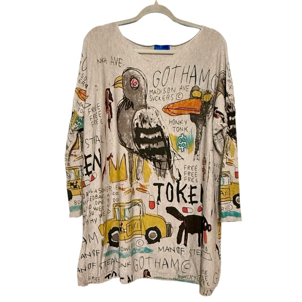 Ellazhu Basquiat Inspired Graffiti Bird Cat Taxi Graphic Knit Sweater OS NOvelty